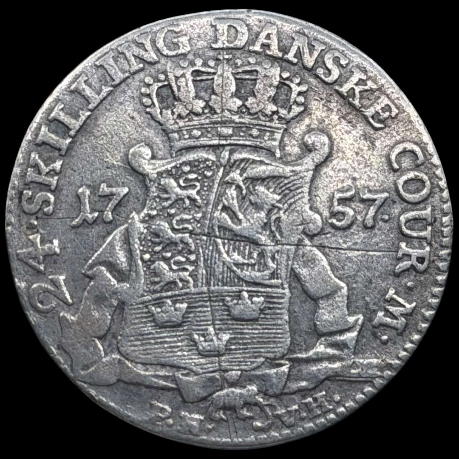 1757 PNVH, 24 skilling, Fre.V, Sieg 7.1, Hede 35A, Kva. 1+-1 ridse