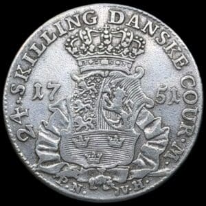 1751 PNVH, 24 skilling, Fre.V, Sieg 6.2, Hede 34B, Kva. 1+ denne type er næsten altid svag præget.