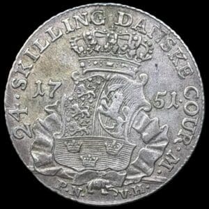 1751 PNVH, 24 skilling, Fre.V, Sieg 6.1, Hede 34A, Kva. 1+ flot præget eksemplar som ellers næsten altid er svag præget. Sjælden