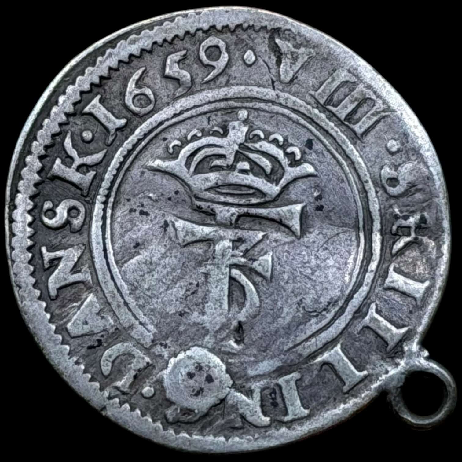 Norge, 8 skilling 1659, Fre.III, Sieg 4.3, Hede 69C, NMD 201, Kva. 1 med øksen