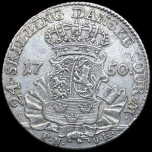 1750 PNVH, 24 skilling, Fre.V, Sieg 6.1, Hede 34A, Kva. 1+ flot præget eksemplar som ellers næsten altid er svag præget.