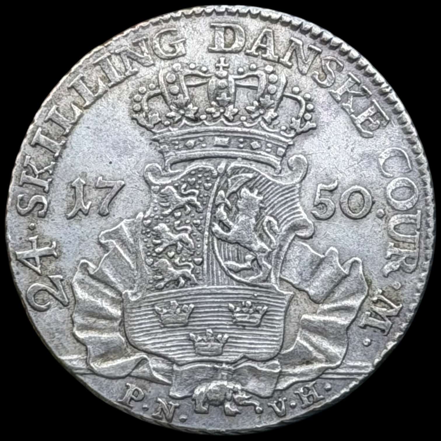 1750 PNVH, 24 skilling, Fre.V, Sieg 6.1, Hede 34A, Kva. 1+ flot præget eksemplar som ellers næsten altid er svag præget.