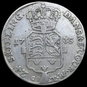 1735 CW, 24 skilling, Chr.VI, Sieg 4.2, Hede 7B, Kva. 1+-1 svage monteringspor på randen, sjælden