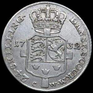1732, 24 skilling, Chr.VI, Sieg 4.2, Hede 7B, Kva. 1+