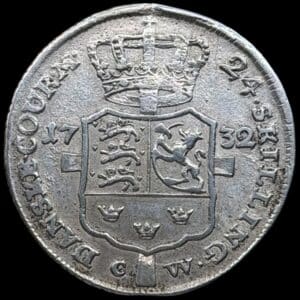 1732, 24 skilling, Chr.VI, Sieg 3.2, Hede 6B, Kva. 1+-1, har været hængt