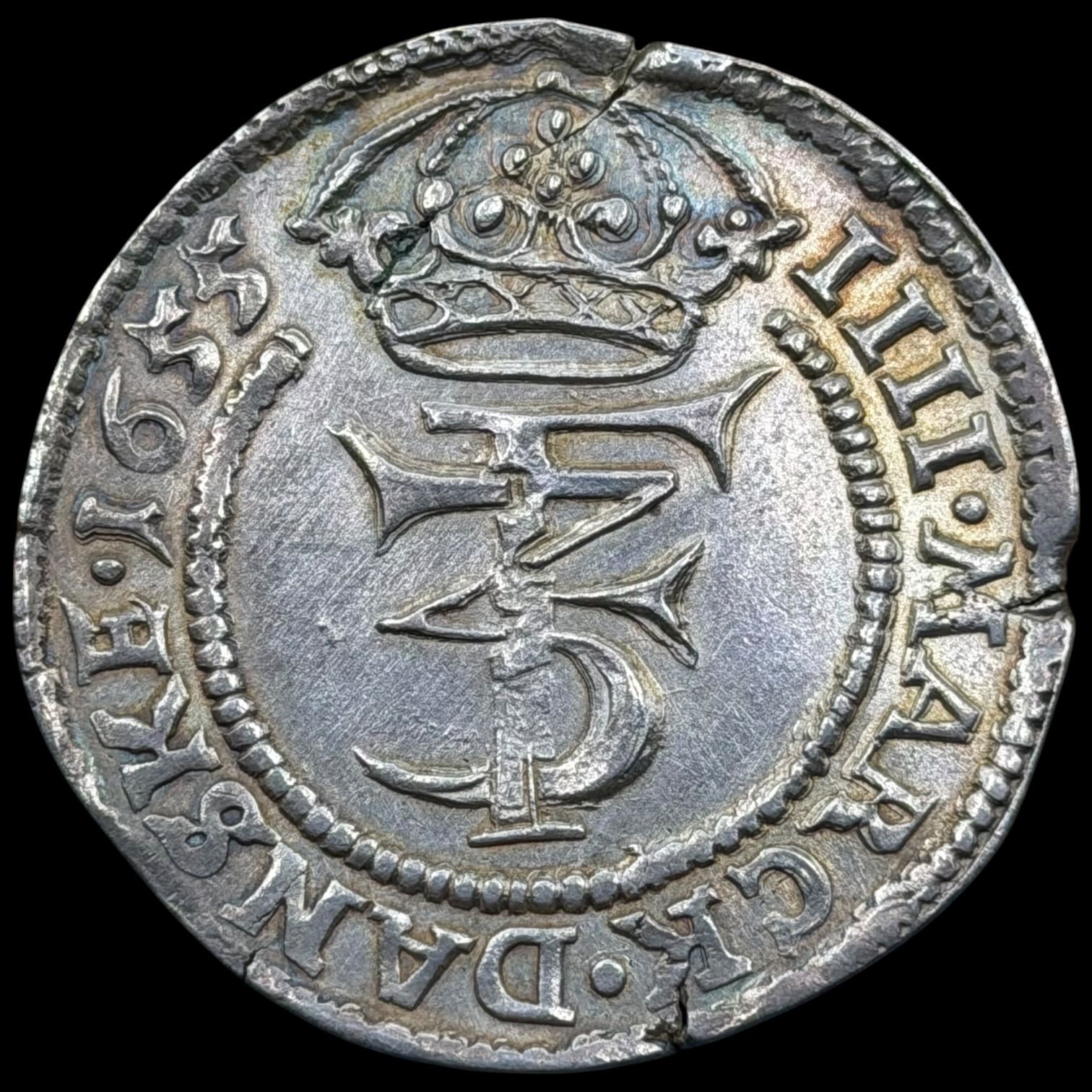 1655, 4 mark / krone, Fre.III, Sieg 49.2, Hede 95B, Kva. 01 smukt eksemplar, blanketfejl