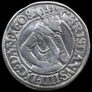 1608, 8 skilling, Chr.IV, Sieg 55, Hede 96, Kva. 1+-01 svag buklet