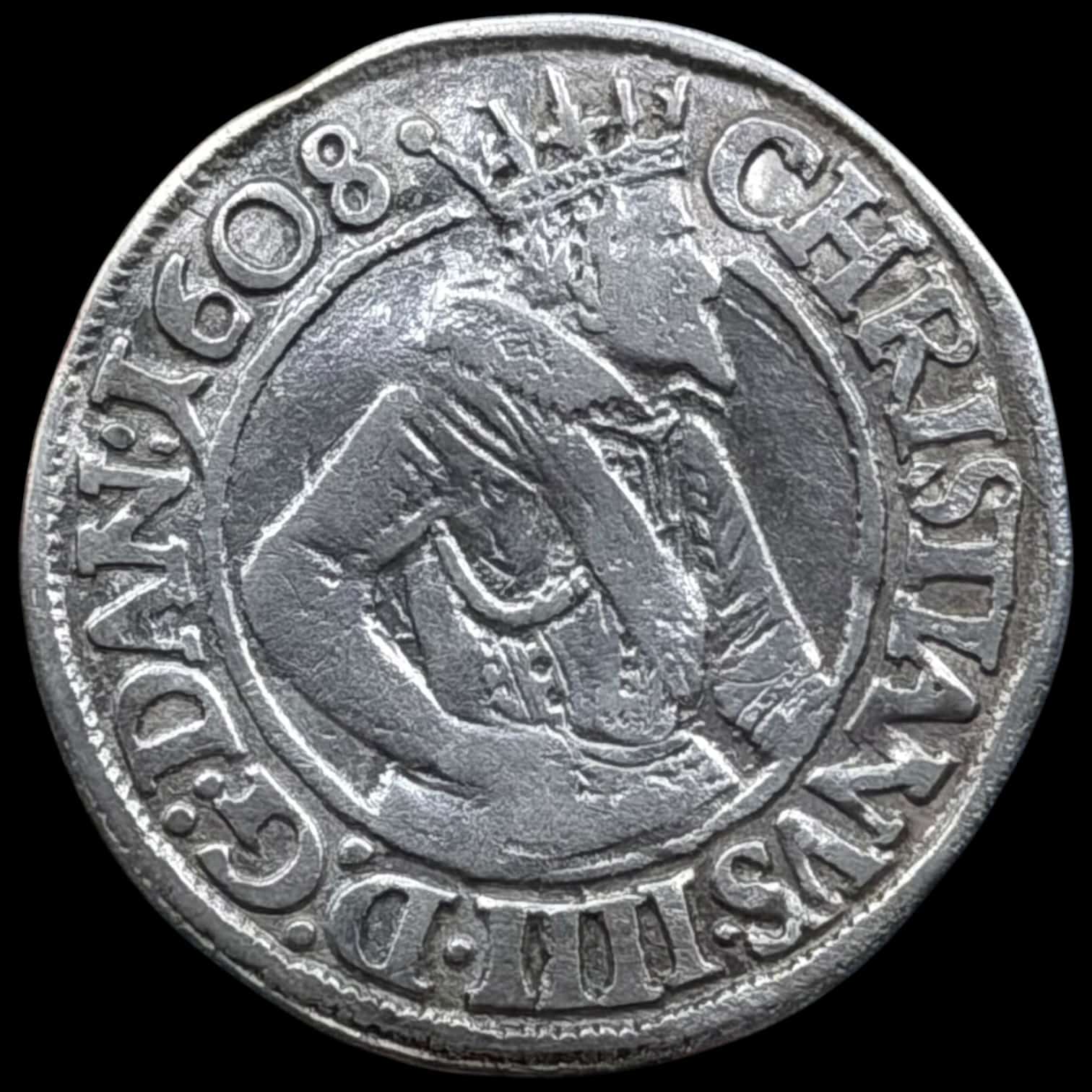 1608, 8 skilling, Chr.IV, Sieg 55, Hede 96, Kva. 1+-01 svag buklet