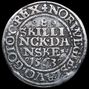 1563, 8 skilling, Fre.II, Sieg 11, Hede 10, Kva. 1+-1 renset