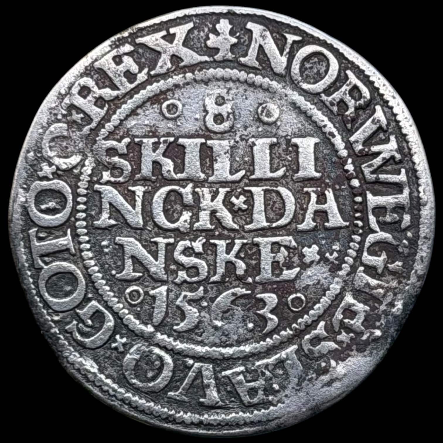 1563, 8 skilling, Fre.II, Sieg 11, Hede 10, Kva. 1+-1 renset