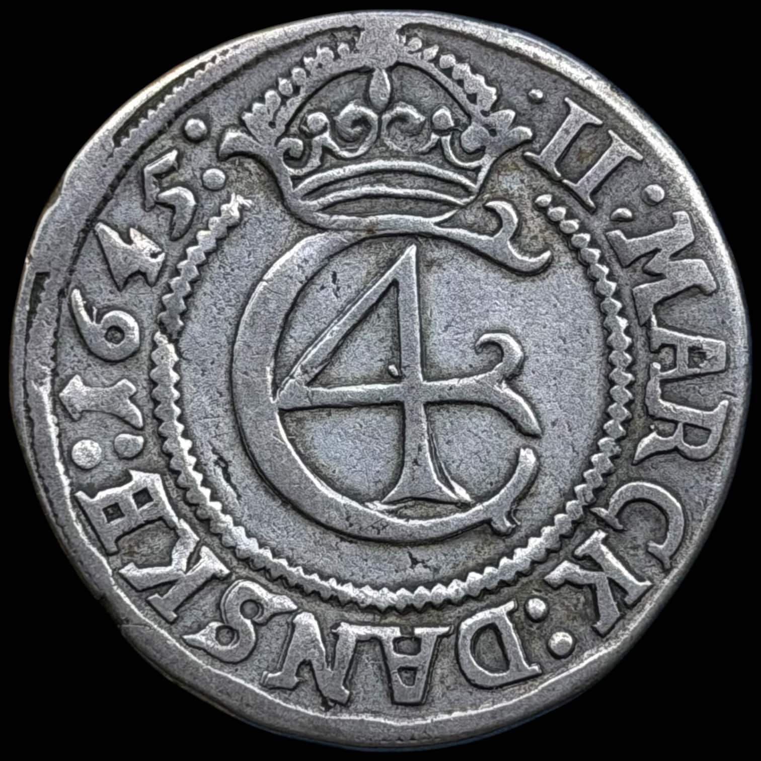 1645, 2 mark, Chr.IV, Sieg 76.2, Hede 148, Kva. 1-1+