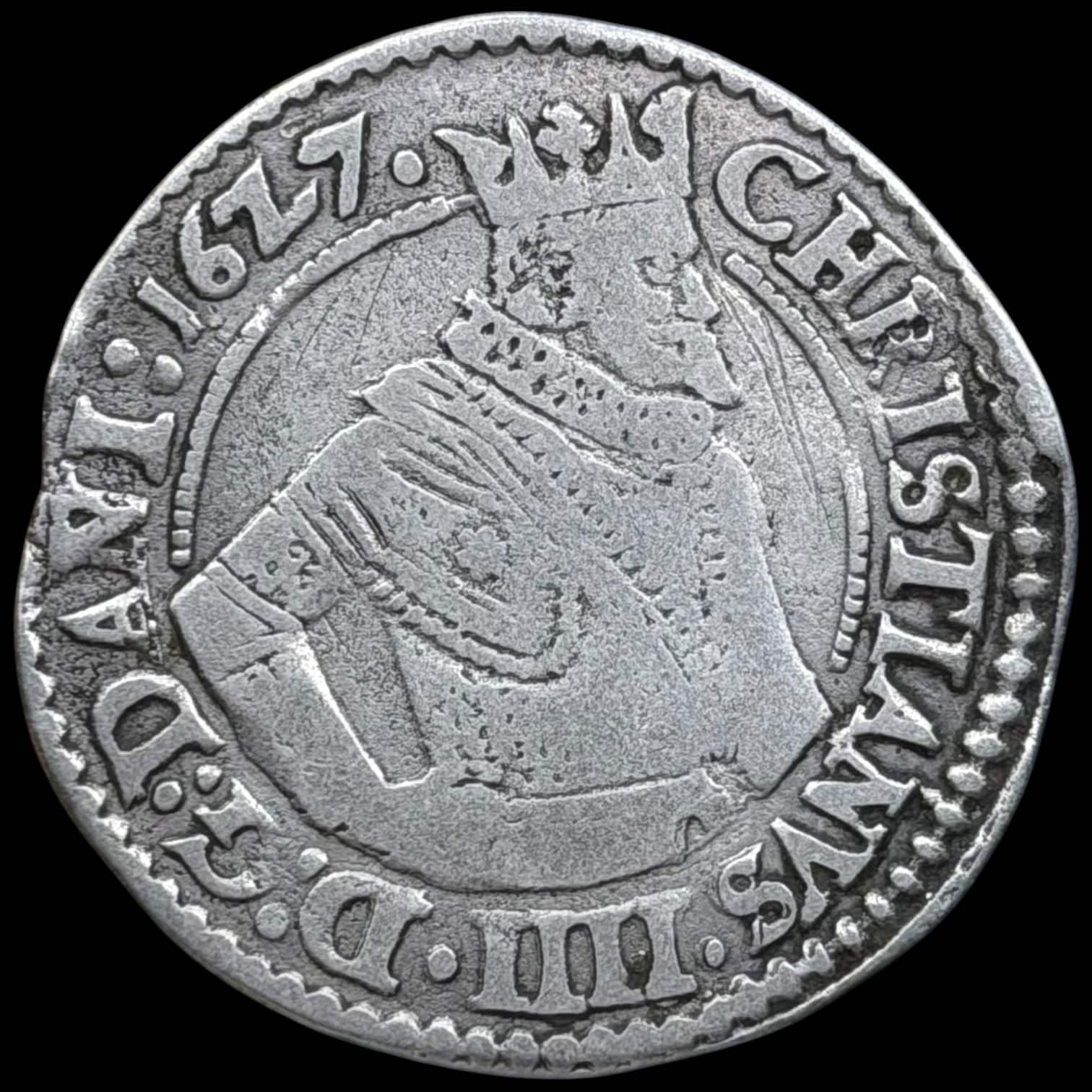 1627, 1 mark, Glückstadt, Chr.IV, Sieg 176, Hede 173, Kva. 1 ridser ex. BR 2305/5275 2023 u.alm årstal