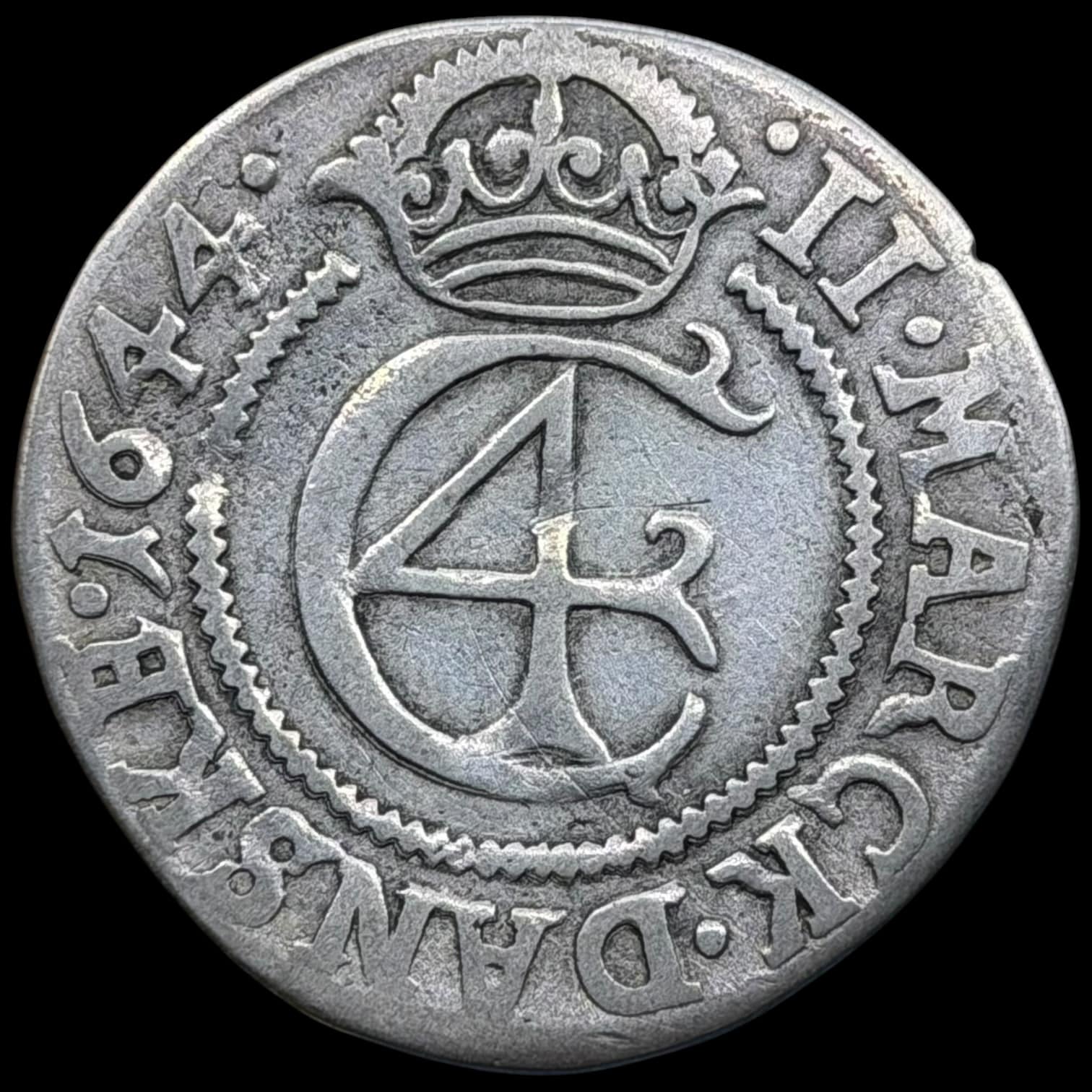 1644, 2 mark, Chr.IV, Sieg 76.2, Hede 148, Kva. 1-1+