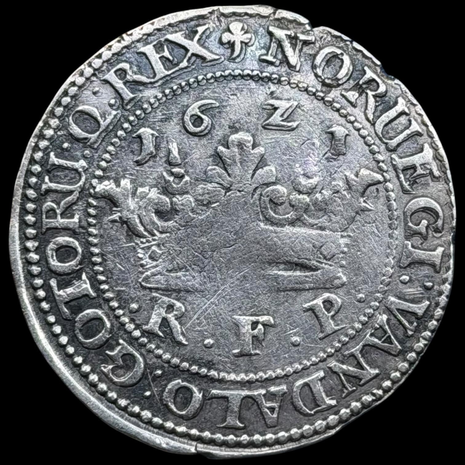 1621, 1 krone, Chr.IV, Sieg 79.4, Hede 107A, Kva 1-1+ blanket fejl i kanten