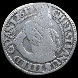 1617, 1 mark, Chr.IV, Sieg 68.3, Hede 99C, Kva. 1 svage spor af den har været hængt
