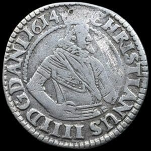 1614, 1 mark, Chr.IV, Sieg 68.2, Hede 99B, Kva. 1 ridser, lille borrer mærke