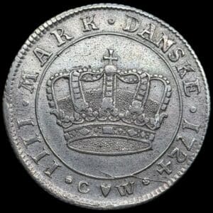 1724, 1 krone, Fre.IV, Sieg 20, Hede 40, Kva. 01-1+