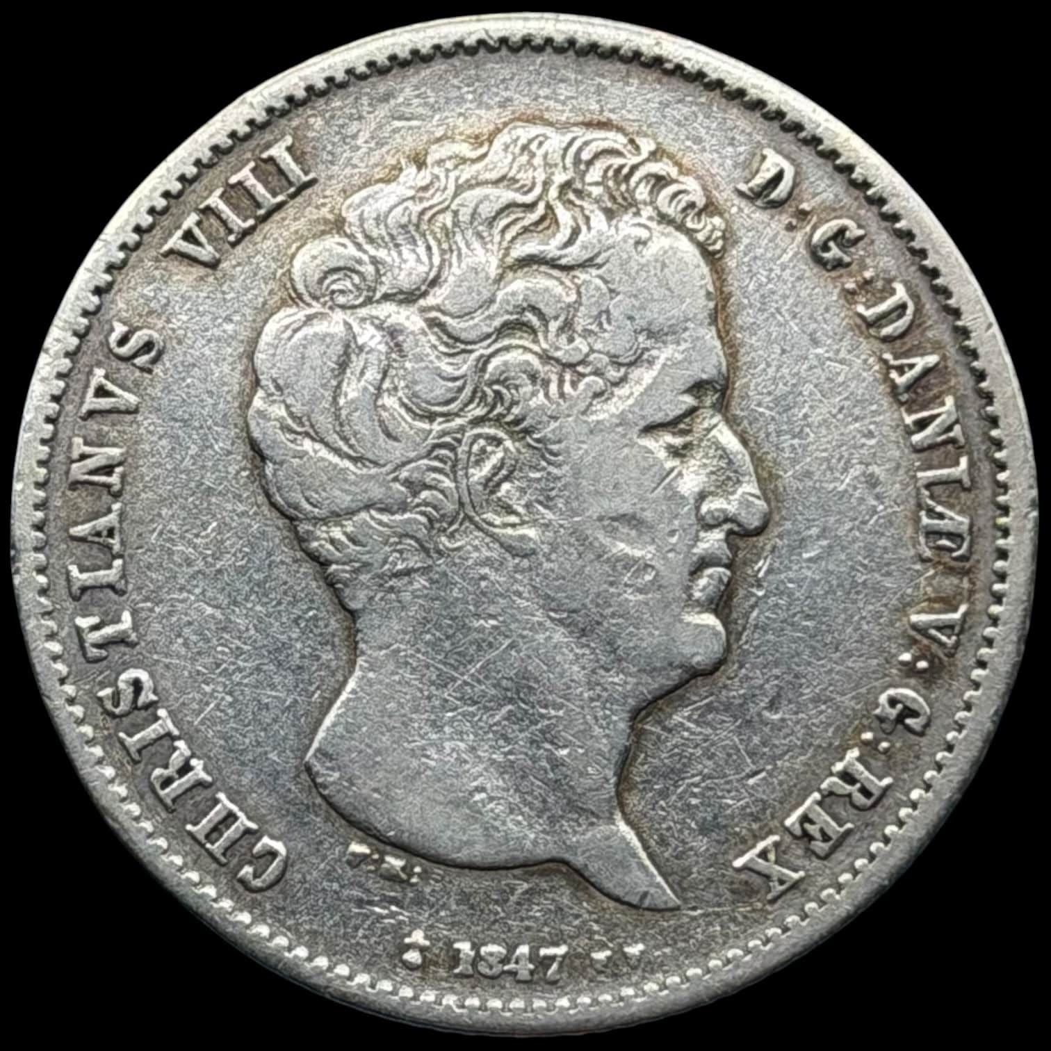 1847 FF, 1 rigsbankdaler, Chr.VIII, Sieg 12.2, Hede 4B, Kva. 1-1+ renset