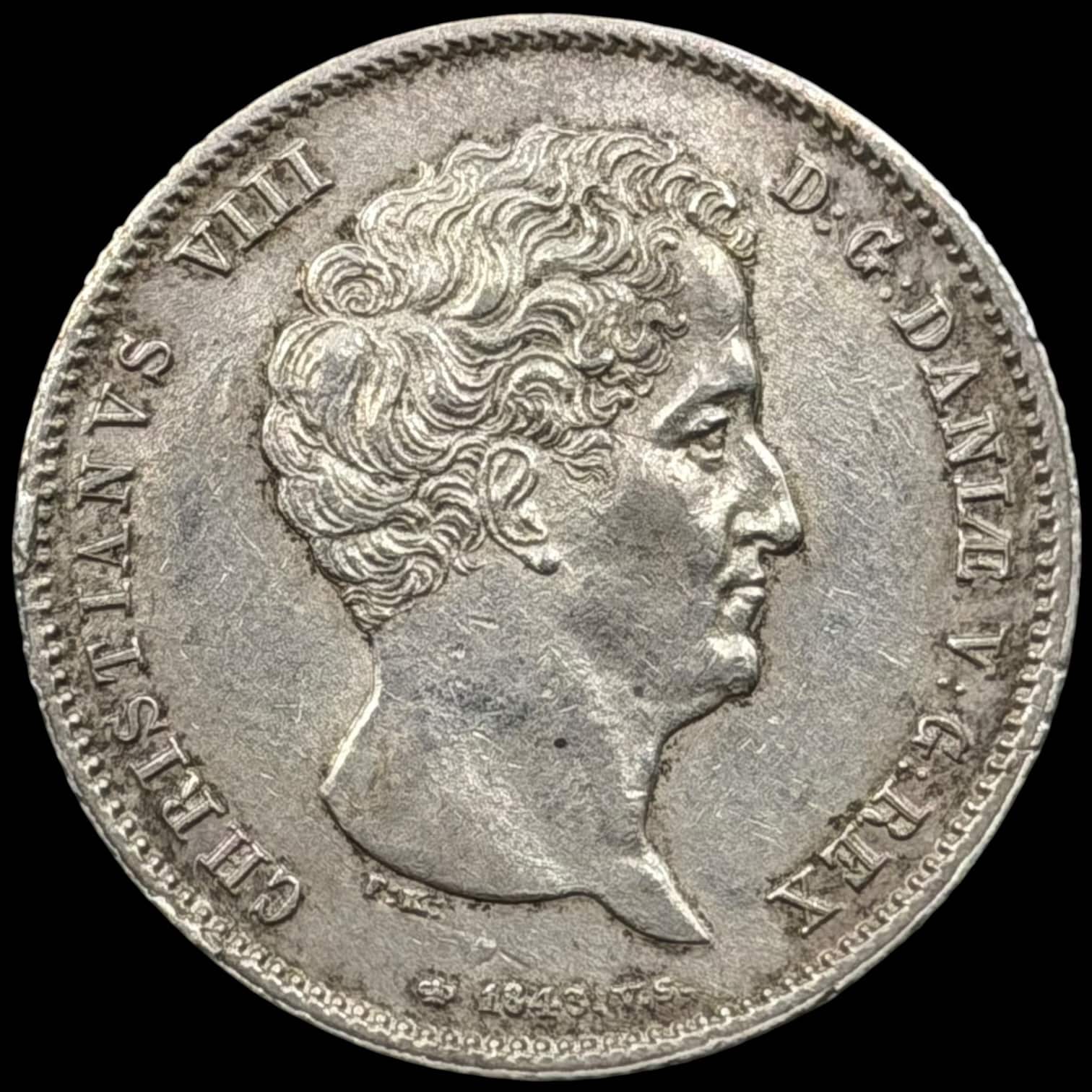 1843 VS, 1 rigsbankdaler, Chr.VIII, Sieg 12.1, Hede 4A, Kva. 01-1+