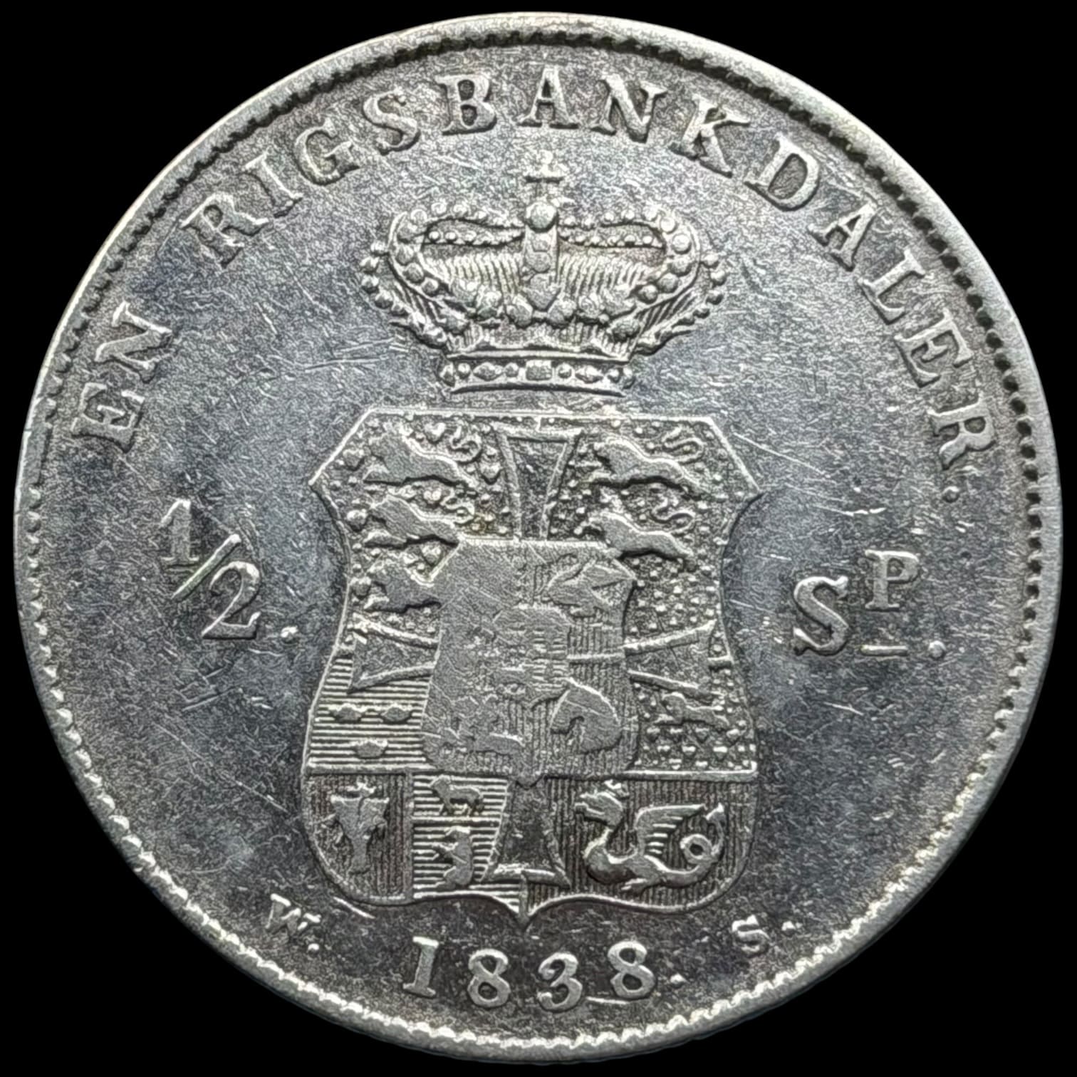 1838 WS, 1 rigsbankdaler, Fre.VI, Sieg 28.3, Hede 27C, Kva. 1+ kantstød