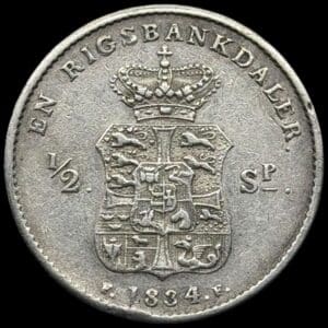 1834 FF, 1 rigsbankdaler / 1/2 speciedaler, Fre.VI, Sieg 28.1, Hede 27A, Kva. 1+ blanketfejl