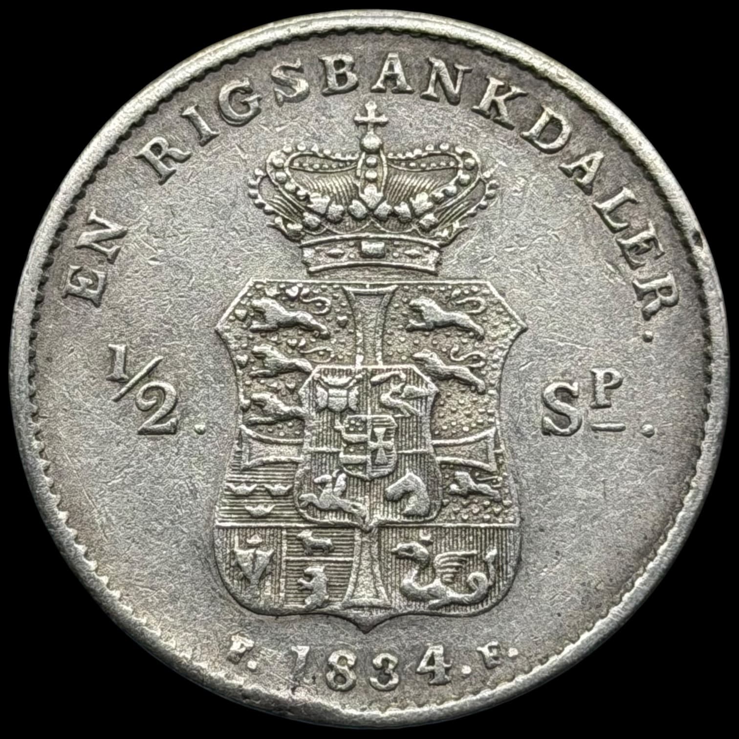 1834 FF, 1 rigsbankdaler / 1/2 speciedaler, Fre.VI, Sieg 28.1, Hede 27A, Kva. 1+ blanketfejl