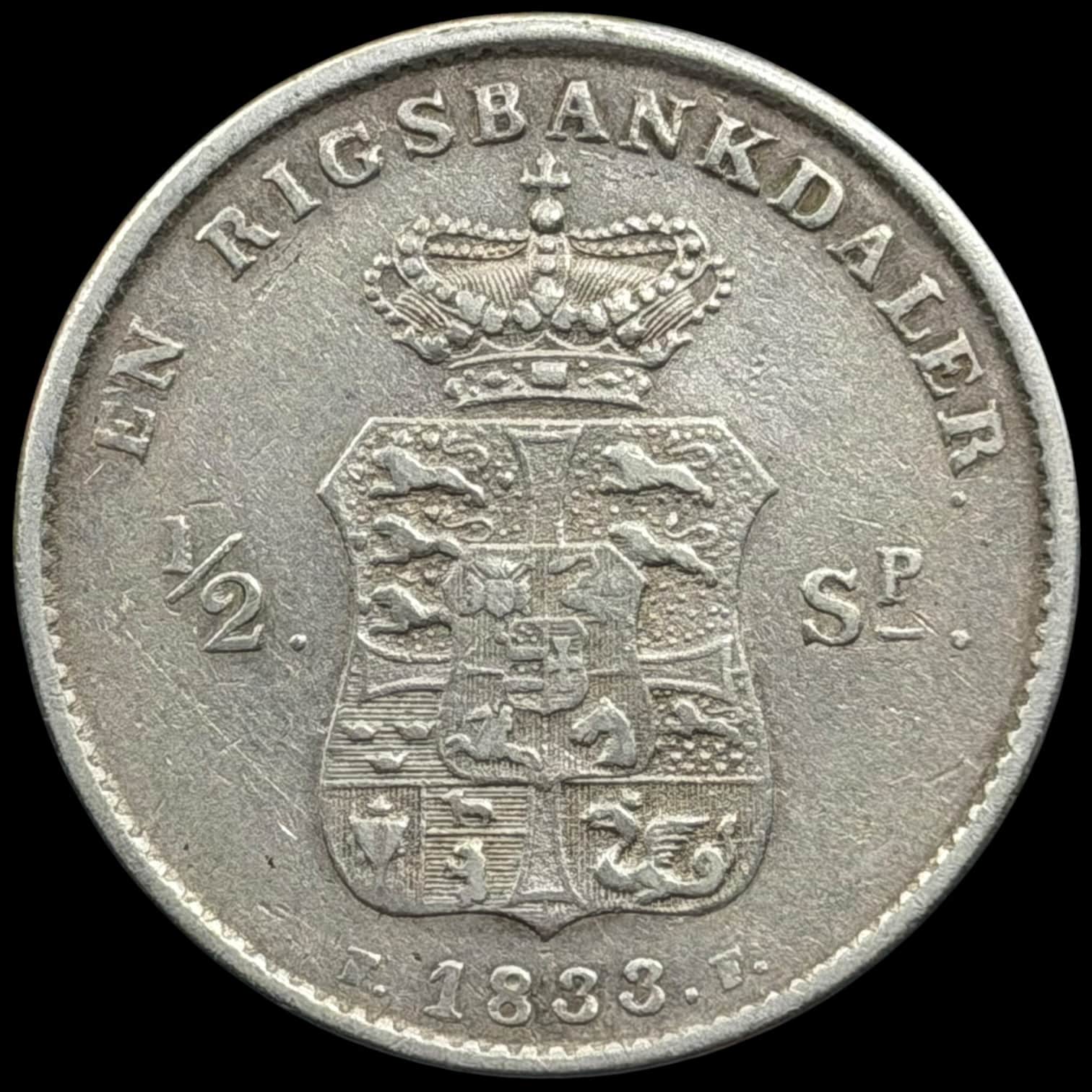 1833 FF, 1 rigsbankdaler / 1/2 speciedaler, Fre.VI, Sieg 27.1, Hede 27A, Kva. 1+