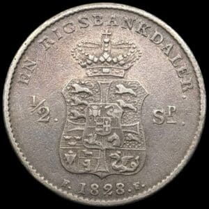 1828 FF, 1 rigsbankdaler / 1/2 speciedaler, Fre.VI, Sieg 27.1, Hede 27A, Kva. 1+ randfejl