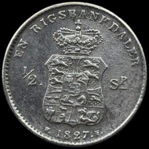 1827 FF, 1 rigsbankdaler / 1/2 speciedaler, Fre.VI, Sieg 27.1, Hede 27A, Kva. 1+ renset
