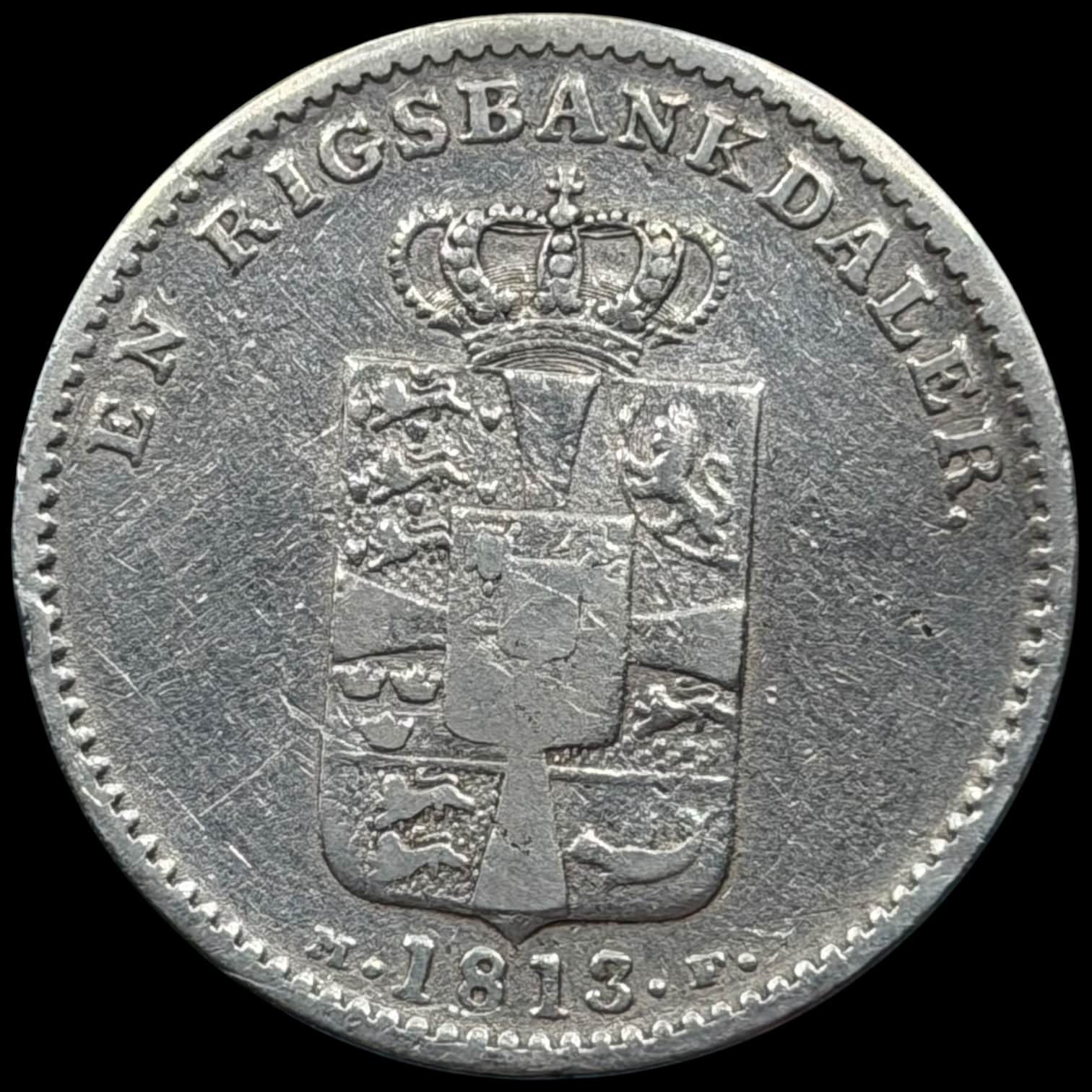 1813 MF, 1 rigsbankdaler, Fre.VI, Sieg 26.3, Hede 24C, Kva. 1-1+ renset