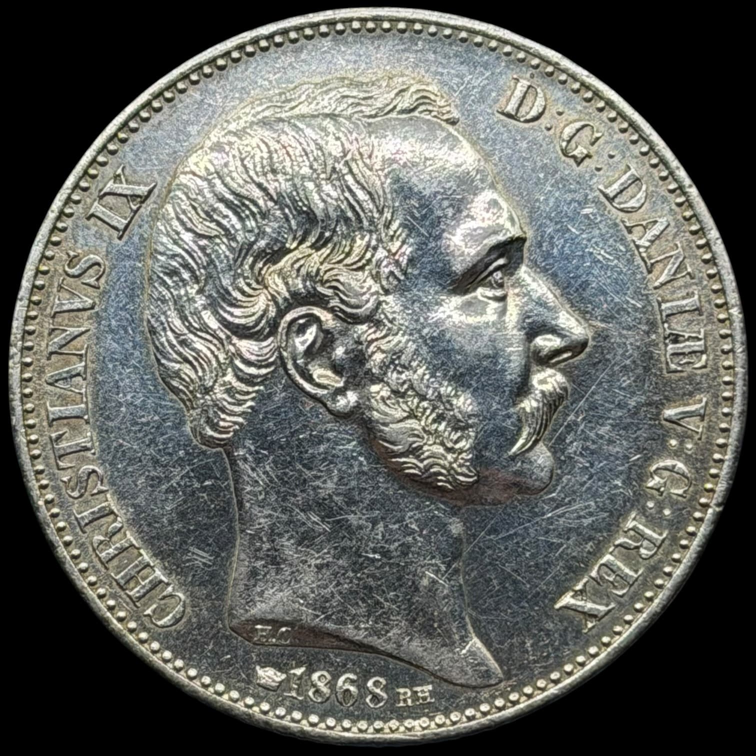 1868 RH, 2 rigsdaler, Chr.IX, Sieg 5.1, Hede 4A, Kva. 01 renset på advers