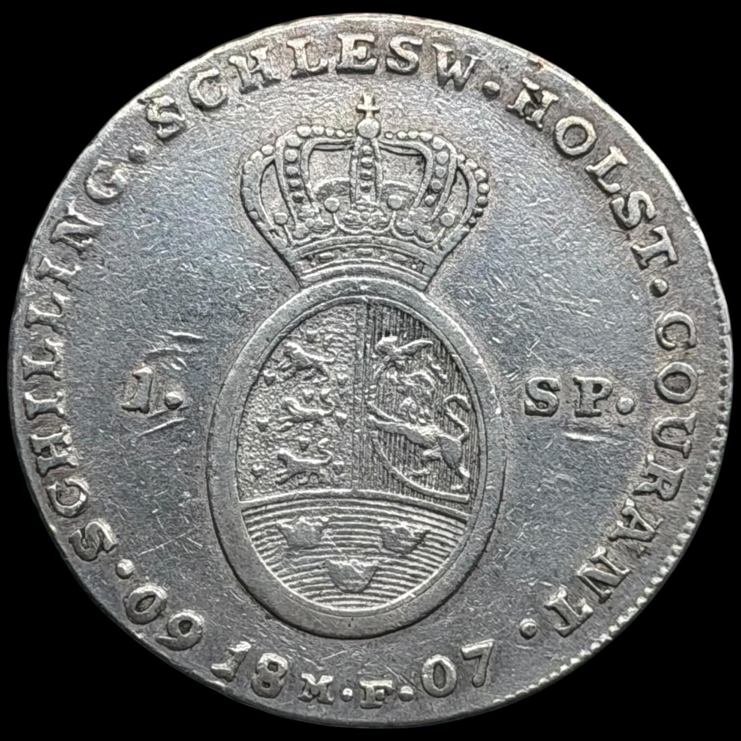 1807 MF, 1 speciedaler, Slesvig Holsten, Chr.VII, Sieg 45.1, Hede 39A, Kva. 1+ svag renset