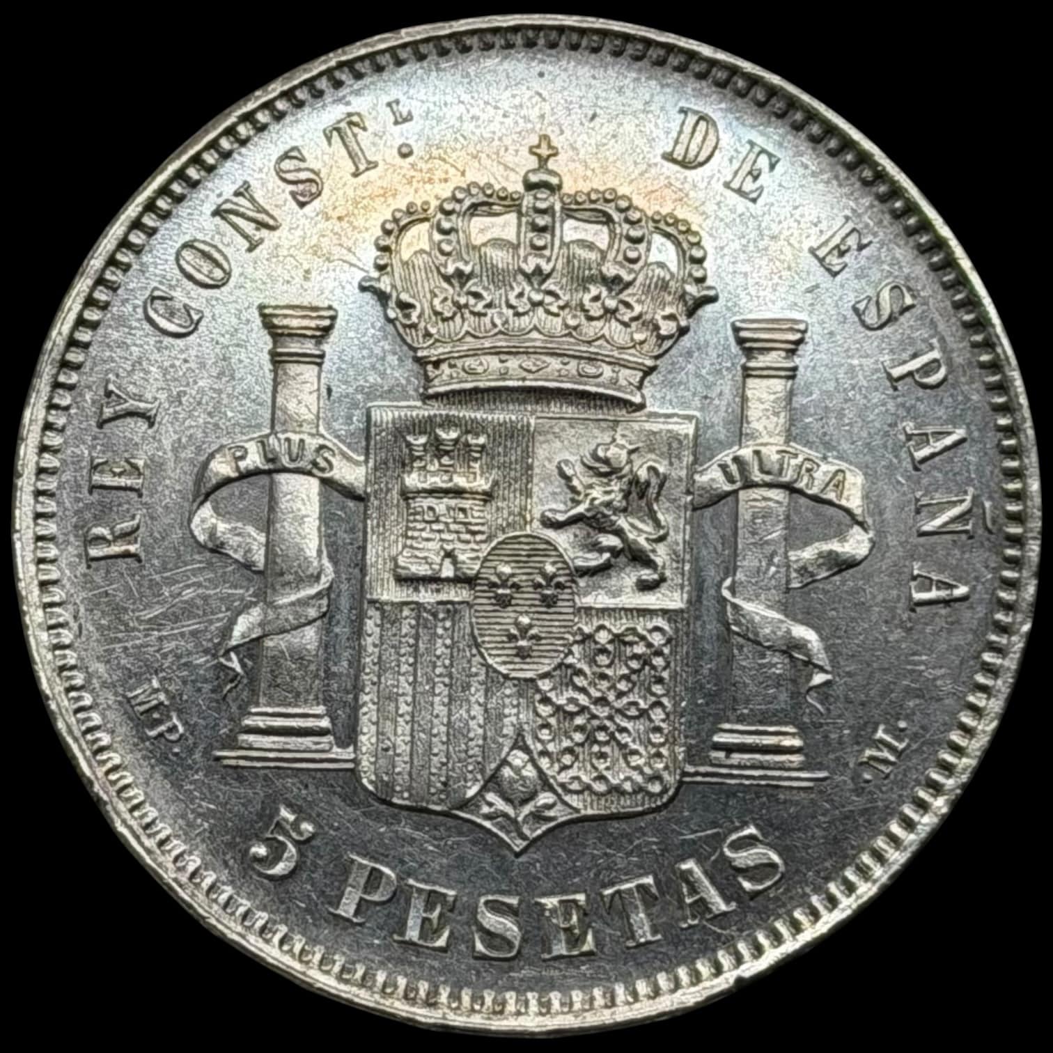 Spanien, 5 Pesetas 1888, Alfonso XIII, KM 689, Cal 13, Kva. 0-01 medaljeprægskarakter