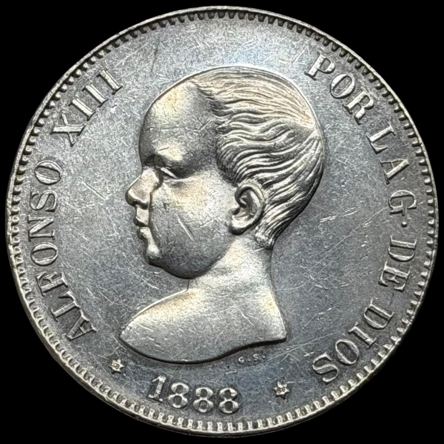 Spanien, 5 Pesetas 1888, Alfonso XIII, KM 689, Cal 13, Kva. 0-01 medaljeprægskarakter - Image 2
