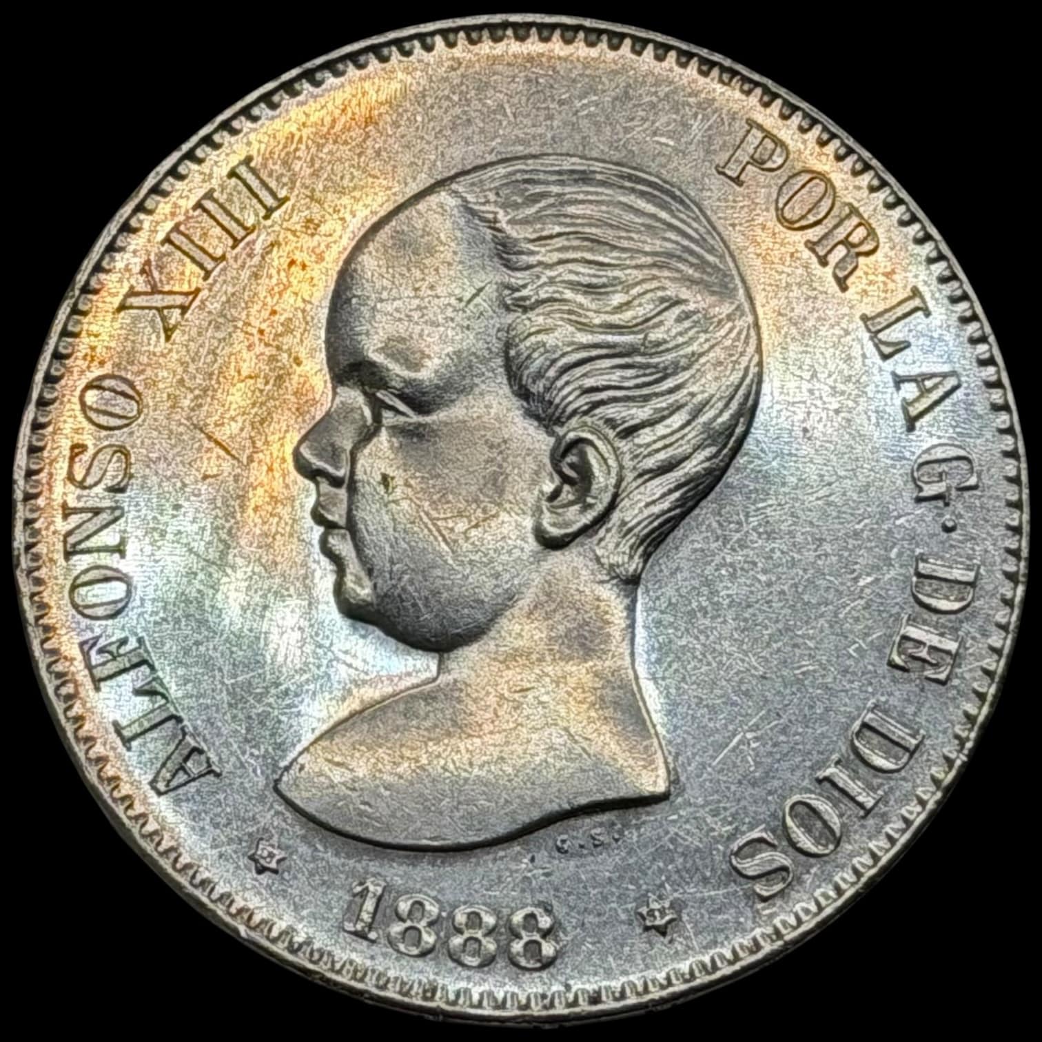 Spanien, 5 Pesetas 1888, Alfonso XIII, KM 689, Cal 13, Kva. 0-01 medaljeprægskarakter - Image 4