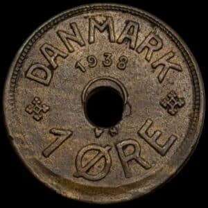 1938, 1 øre, Chr.X, Sieg 4.2, Hede 30B, Kva. 01 "Fejlpræg" Tallerkenpræg