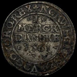 1561, 1 mark, Fre.II, Sieg 15.2, Hede 9B, Kva. 1+-1 korroderet