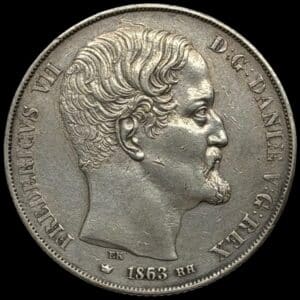 1863 / 53, 2 rigsdaler, Fre.VII, Sieg 14.3, Hede 6C, Kva. 1+ fint eksemplar af Hinnerups ualmindelige type med 6 på 5 og RH på VS