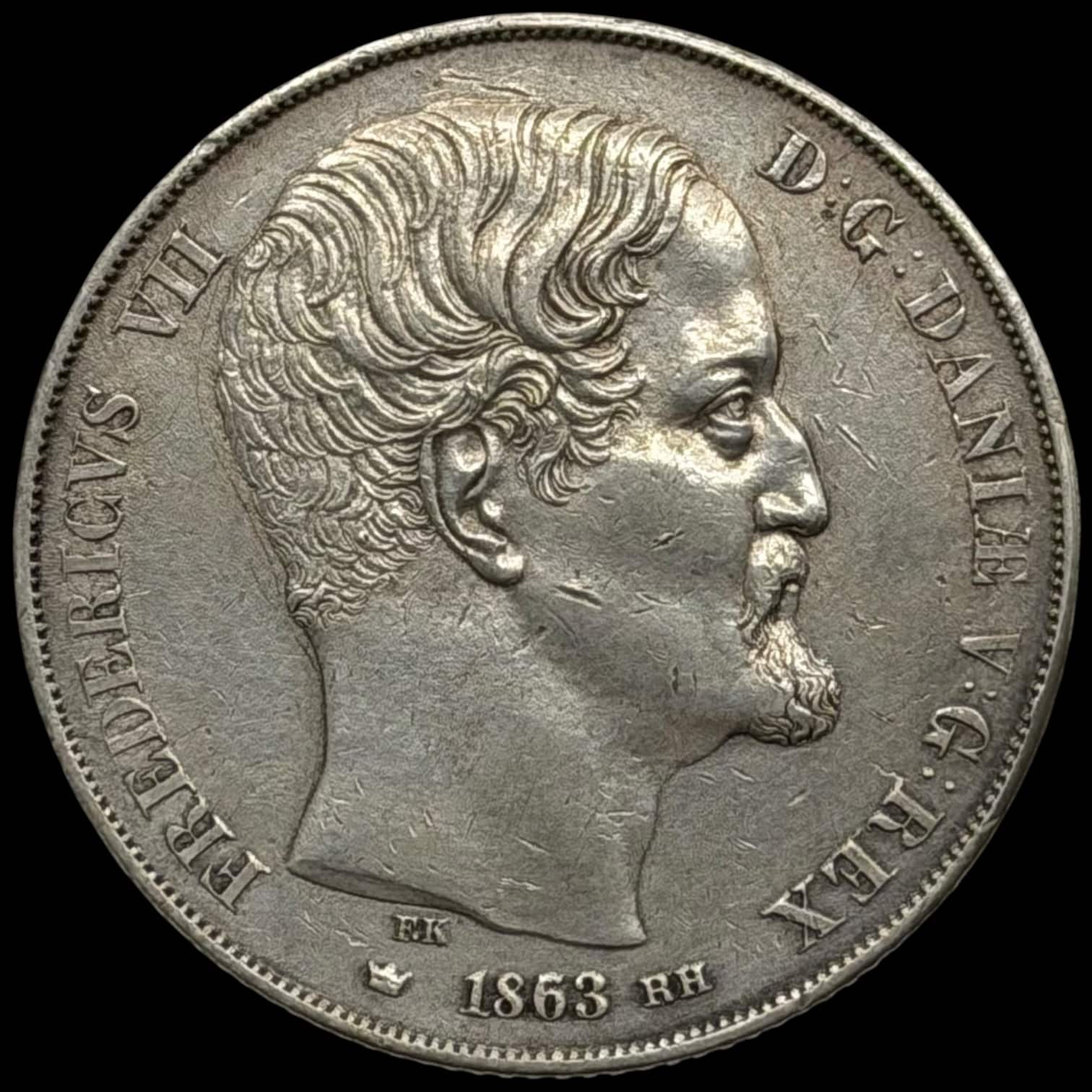 1863 / 53, 2 rigsdaler, Fre.VII, Sieg 14.3, Hede 6C, Kva. 1+ fint eksemplar af Hinnerups ualmindelige type med 6 på 5 og RH på VS