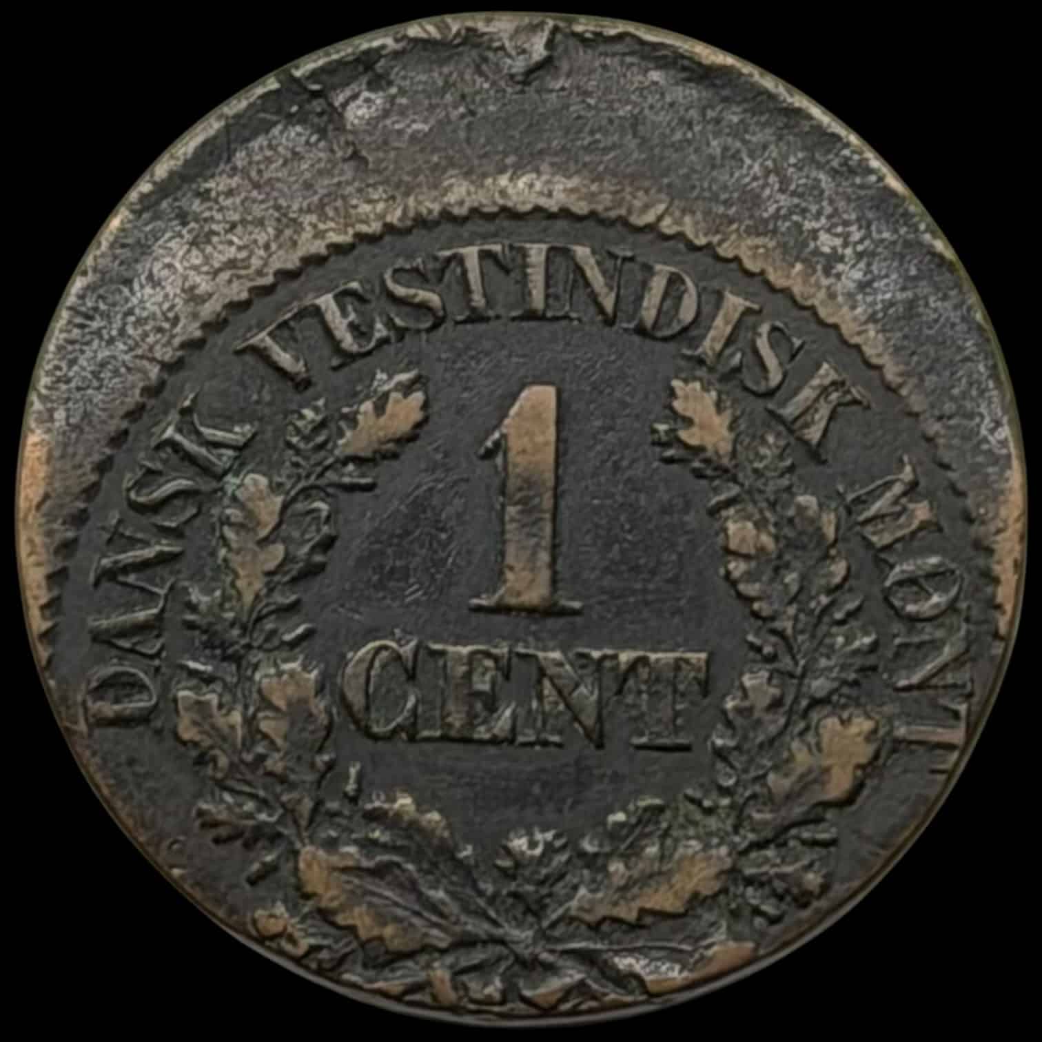 Dansk Vestindien, 1 cent 1859-1883, Sieg 15/20, Hede 23/28, KM 63/68, Kva. 1+ "Fejlpræg" Sjældent decenteret præg