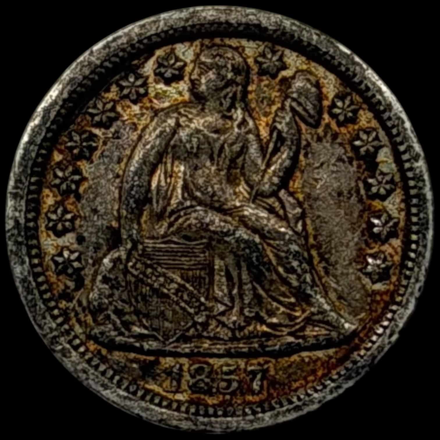 USA, 10 cents / Seated Liberty Dime 1857, KM 63.2, Kva. 01 smuk toning - Image 3