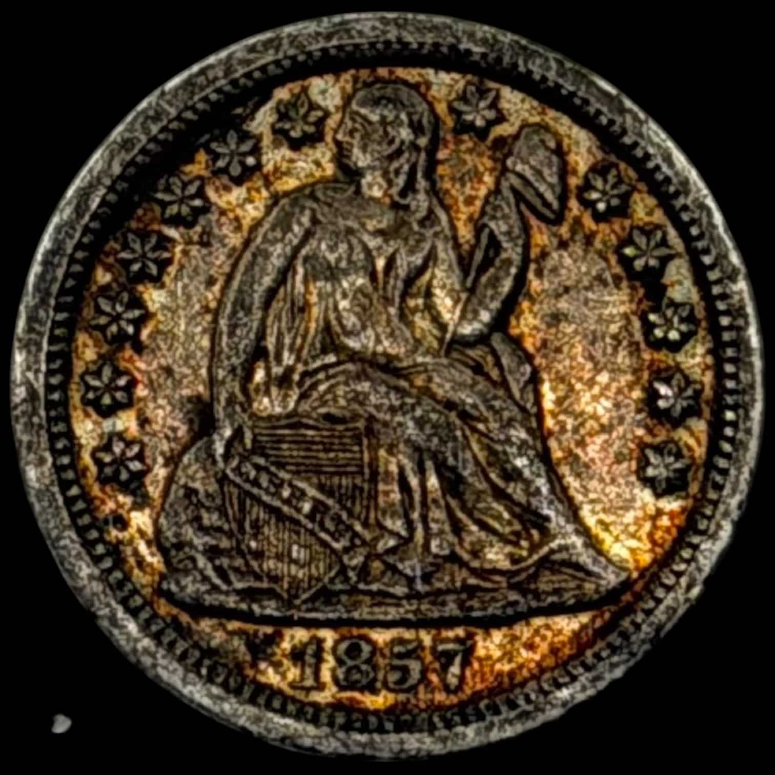 USA, 10 cents / Seated Liberty Dime 1857, KM 63.2, Kva. 01 smuk toning