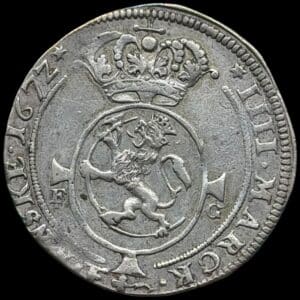 Norge, 4 mark / Krone 1672, Chr.V, Sieg 37.1, Hede 41A, NM 78, Kva. 1+