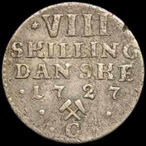 Norge, 8 skilling 1727 C, Fre.IV, Sieg 5.2, H 17B, NM 40B, Kva. 1+