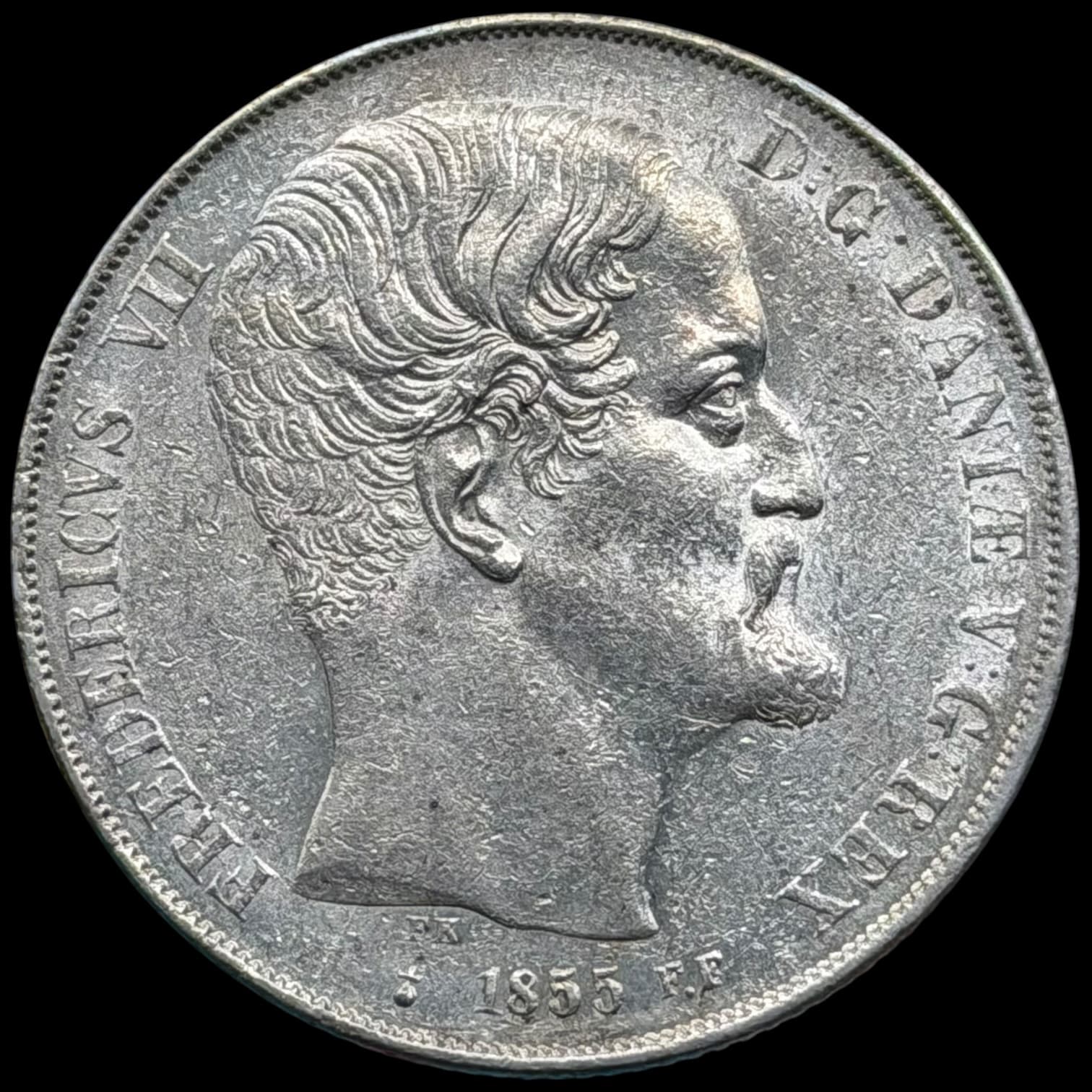 1855 FF, 2 rigsdaler, Fre.VII, Sieg 14.2, Hede 6B, Kva. 1+-01 let renset