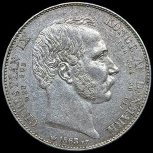 1863 RH, 2 rigsdaler “Tronskrifte”, Chr.IX, Sieg 4, Hede 3, Kva. 1+