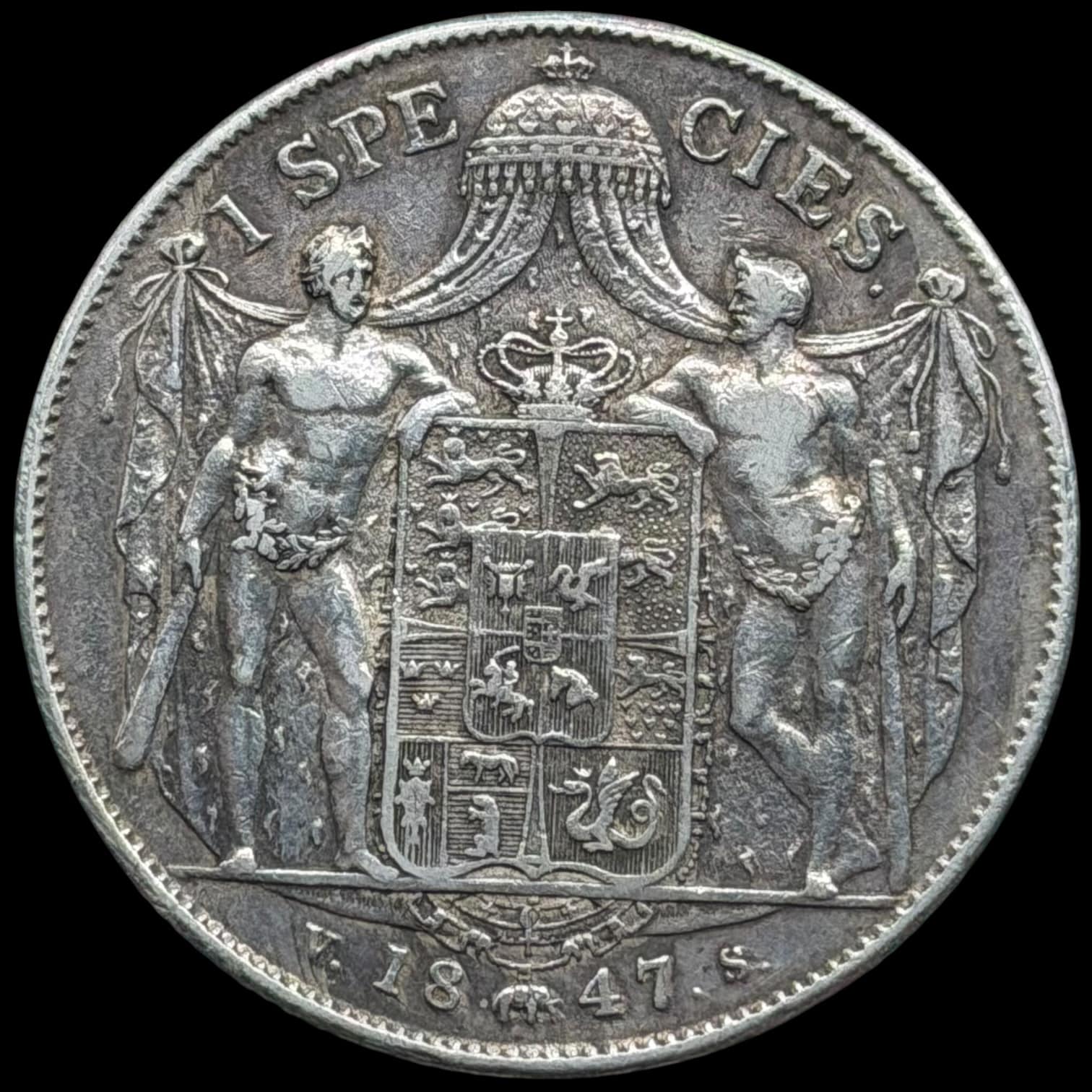 1847 VS, 1 speciedaler, Chr.VIII, Sieg 14, Hede 3F, Kva. 1+-1