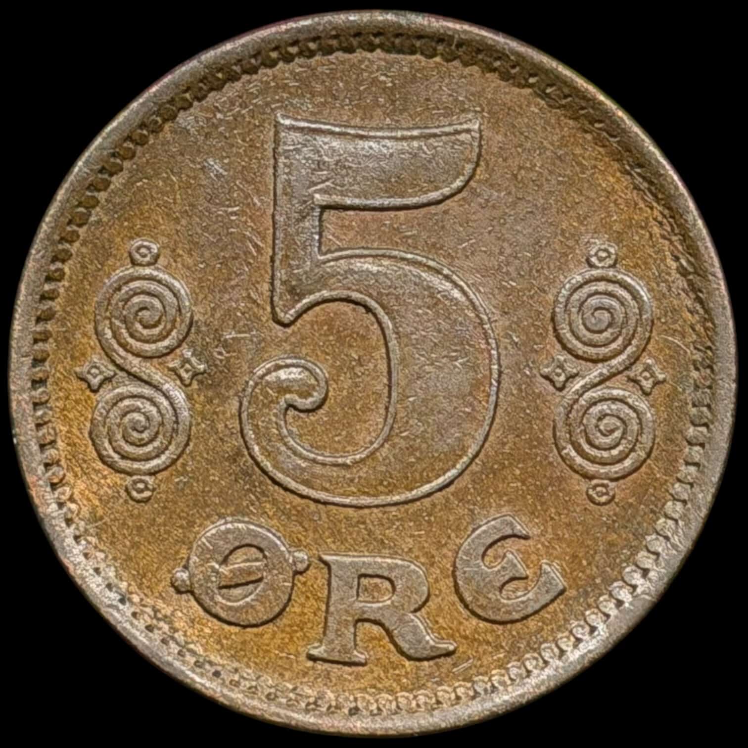 1923, 5 øre, Chr.X, Sieg 3.4, Hede 14B, Kva. 01 - Image 2