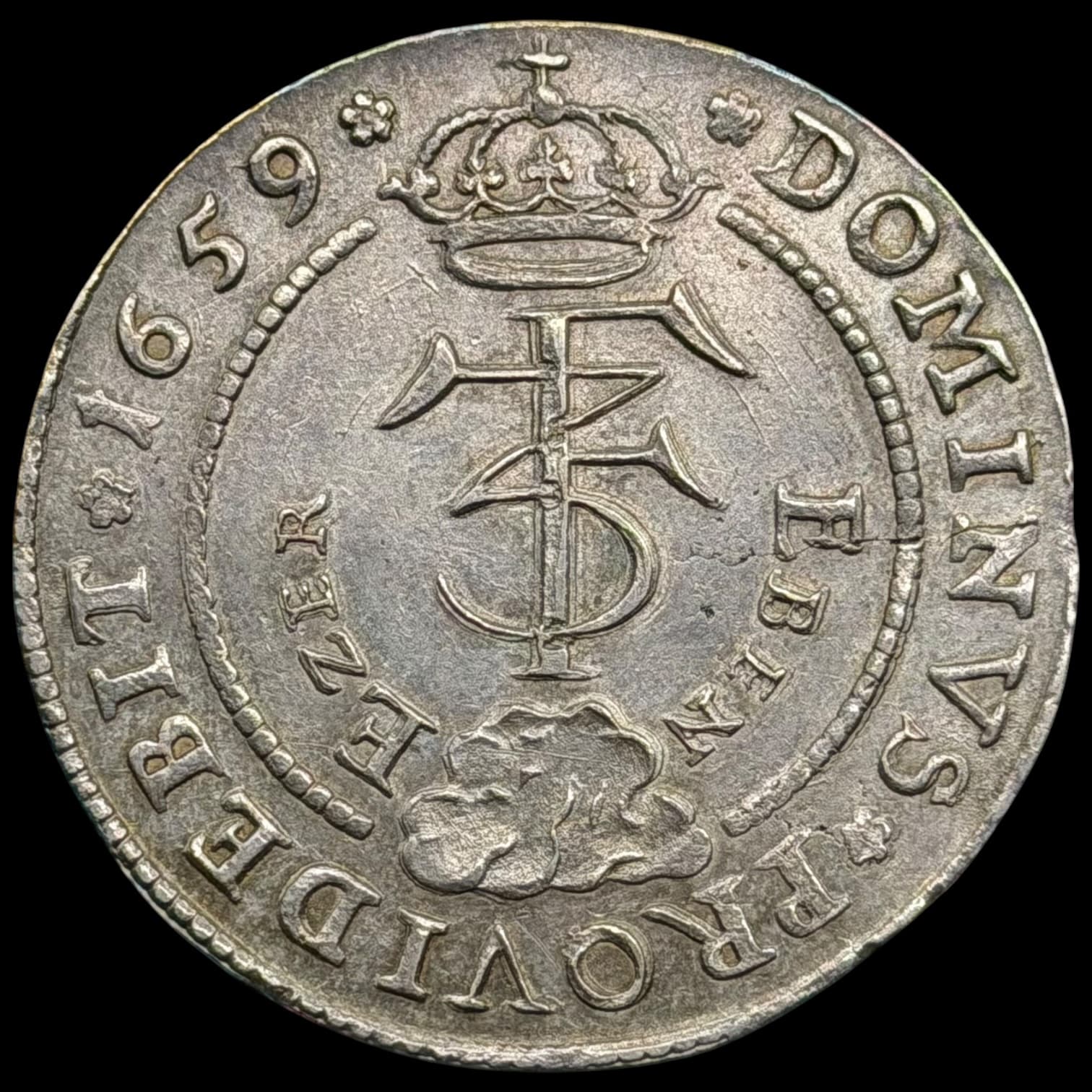 1659, 4 mark / Krone, "Eben Ezer", Fre.III, Sieg 51, Hede 98, Kva. 01, smukt eksemplar af denne Interessante type
