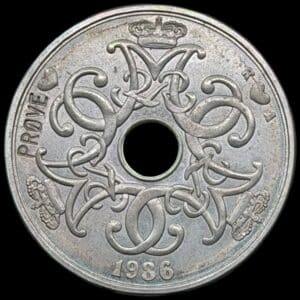 Prøvemønt, 2 kroner 1986, GP 34x, 7×6 riller, præget i 190 stk, Kva. 0